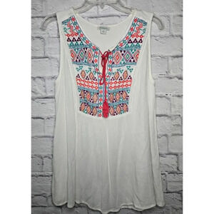 Sundance Journey Delight Embroidered Boho Top Sleeveless tassle White Small.